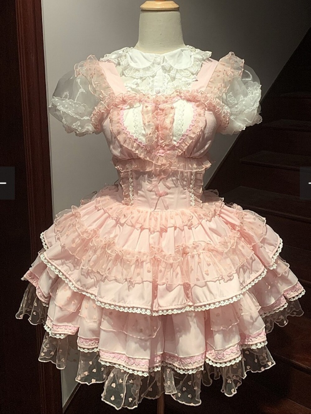 Heart Bodice Dot Mesh Pink And White Corset Back JSK Size Large + Arm Cuffs +Bow